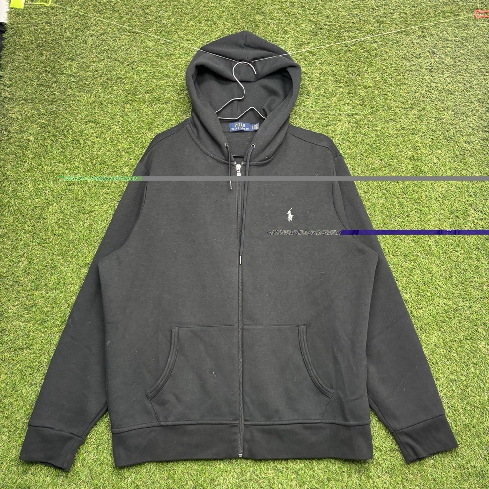Vintage Polo Ralph Lauren Hoodie Mens XL Black Y2K Fleece Zip Up Sweater Jacket